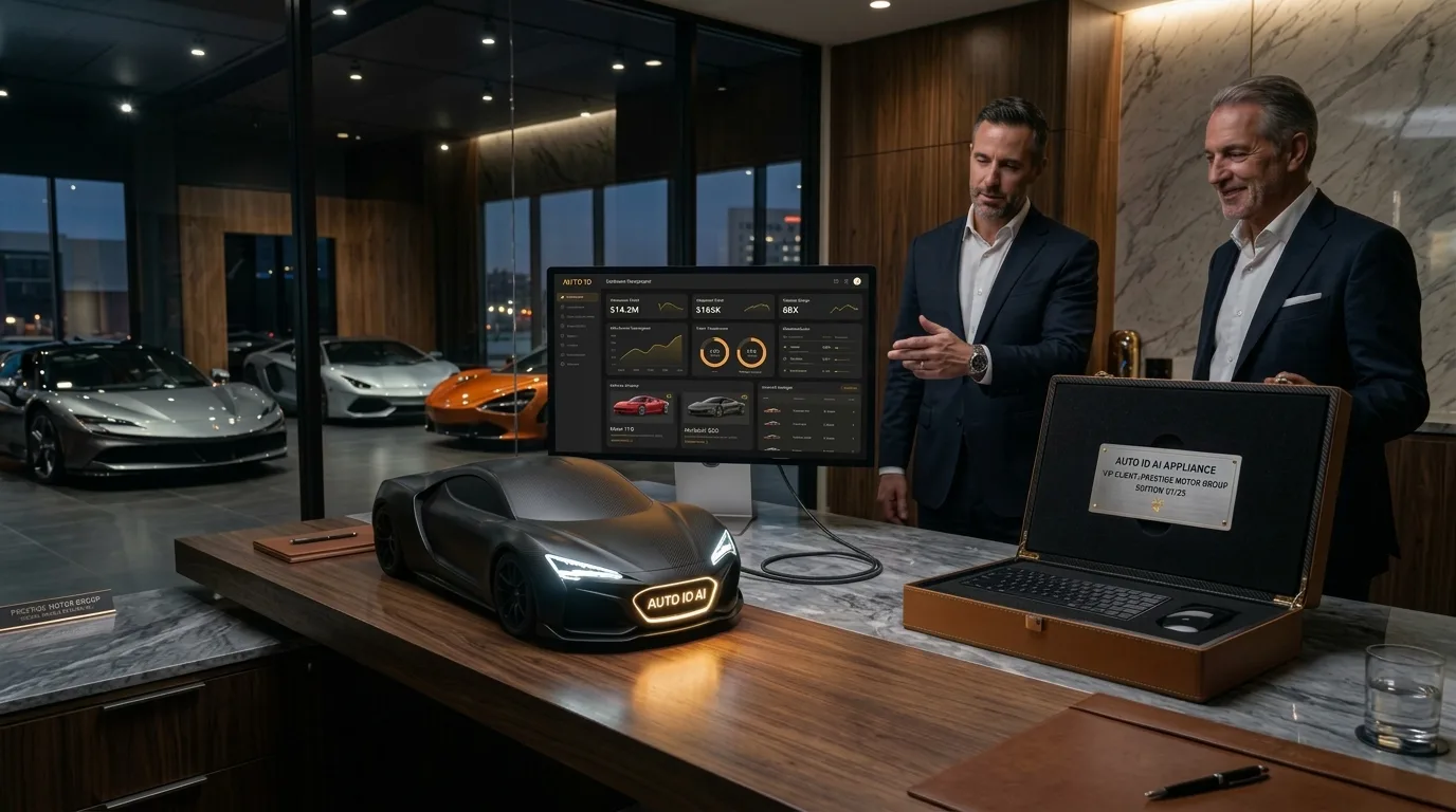 Entrega de la estación Auto IO en un dealer, con su maletín y el panel en pantalla