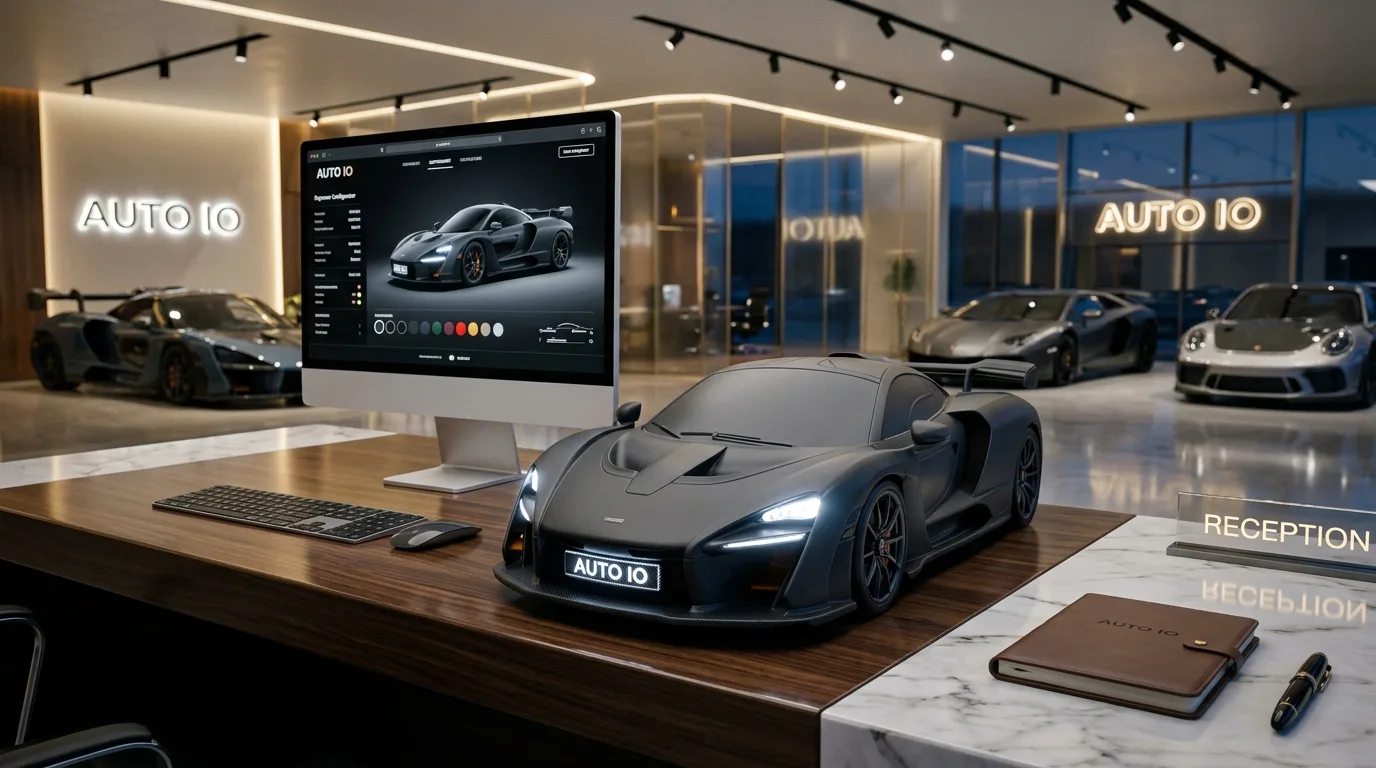 Estación Auto IO en la recepción de un dealer, junto al monitor con la plataforma abierta